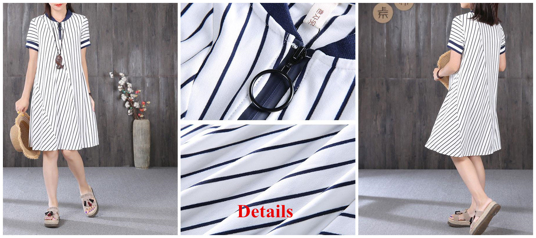 Casual Cotton Splicing Chic Zipper Literature Women Blue Stripe Dress