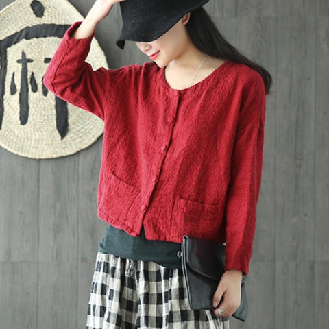 Cotton Linen Short Solid Women Autumn Coat