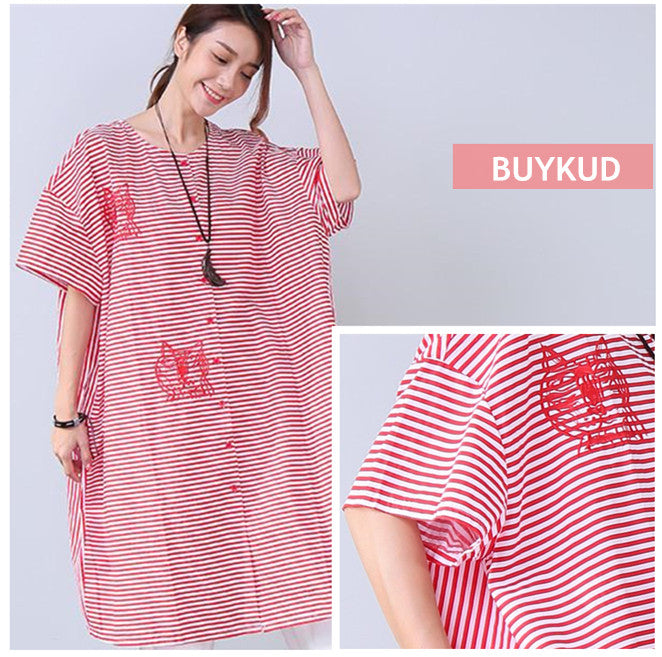 Cotton Stripe Women Embroidered Loose Long Shirt