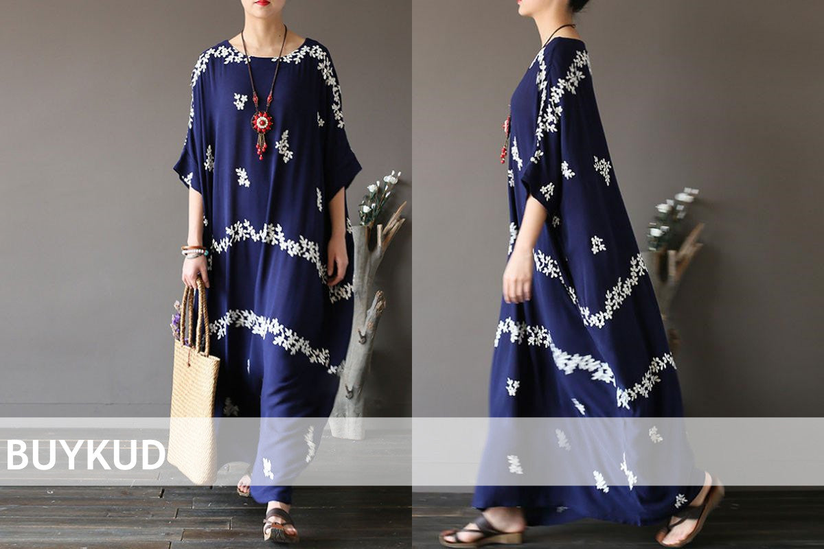 Embroidered Floral Loose Women Retro Cotton Blue Dress