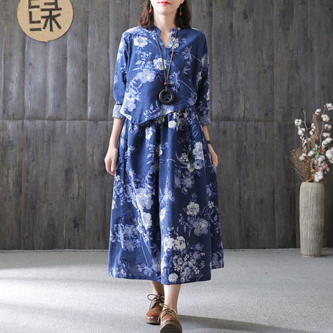 Floral Ethnic Loose V-neck Plus Size Dress