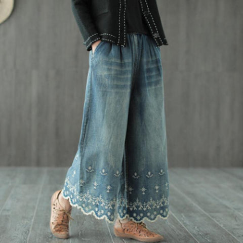 Flower Embroidery Cotton Wide Leg Pants