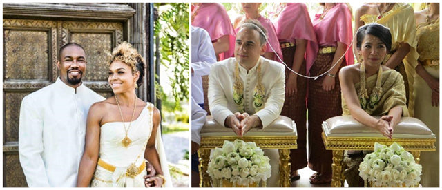 Ausländer in traditionellen thailändischen Hochzeitskleidern