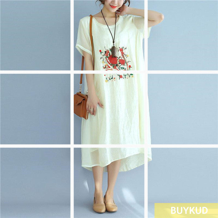 Linen Women Loose Casual Summer Irregular Embroidery Beige Dress