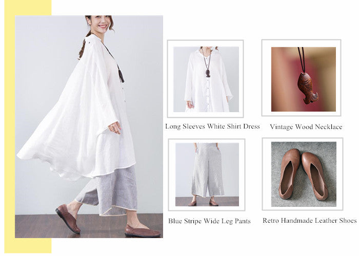 Langärmliges weißes Hemdkleid + blau gestreifte Hose mit weitem Bein + Vintage-Holzhalskette + handgefertigte Retro-Lederschuhe