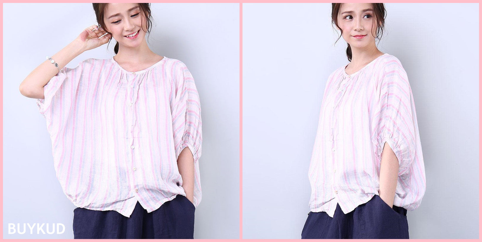 Stripe Bat & Elbow Sleeves Shirt