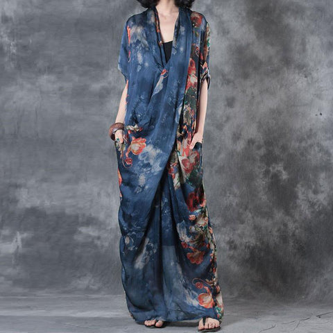 Printing Women Summer Loose Casual Irregular Floral Blue Dress