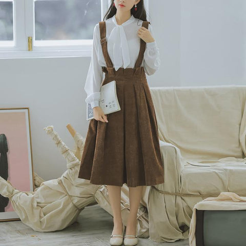 Retro Corduroy Solid Elegant High Waist Strap Dress