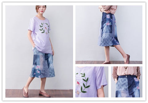 Splicing Floral Blue Skirt + Splicing Floral Purple Shirt