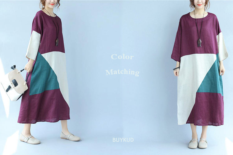 Splicing Linen Color Matching Dress