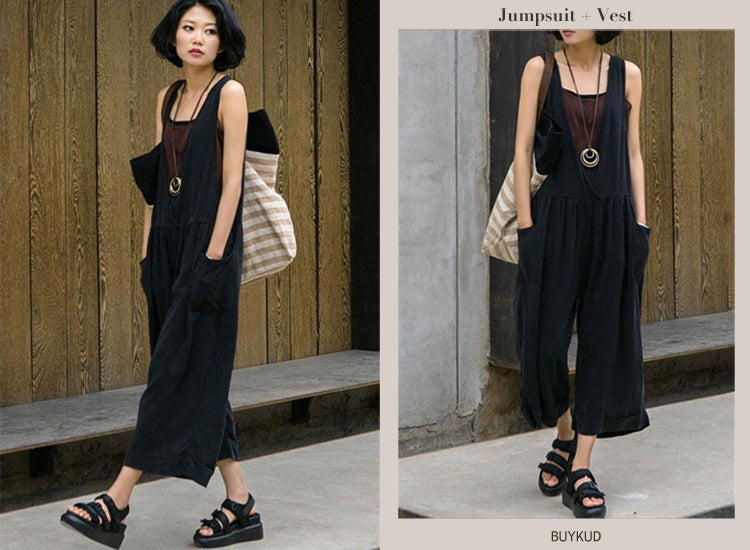 Summer Cotton Loose Casual Folded Women Black Overalls