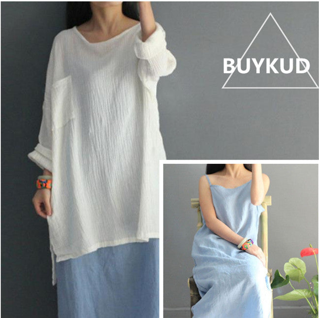 Summer Sweet Women Loose Straight Linen Light Blue Vest Dress