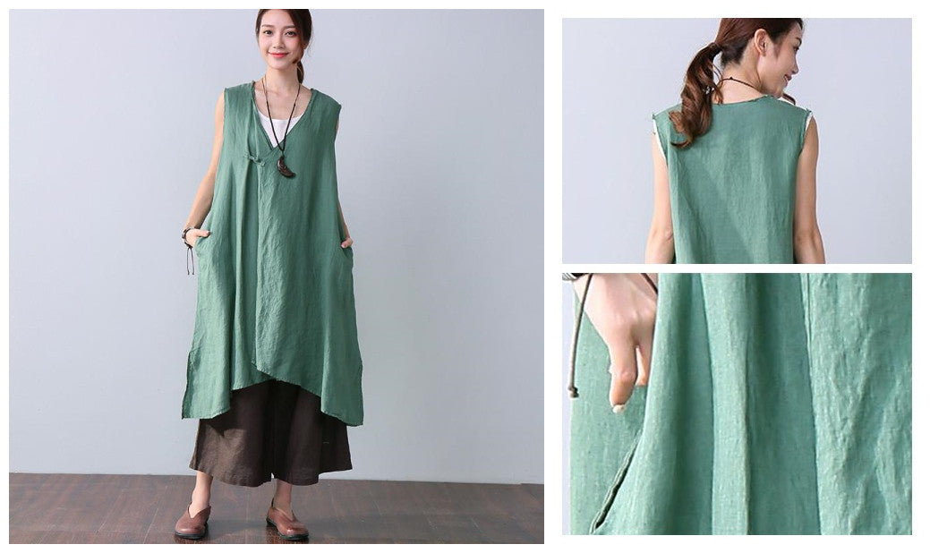 Summer Women Linen Casual Green Long Vest