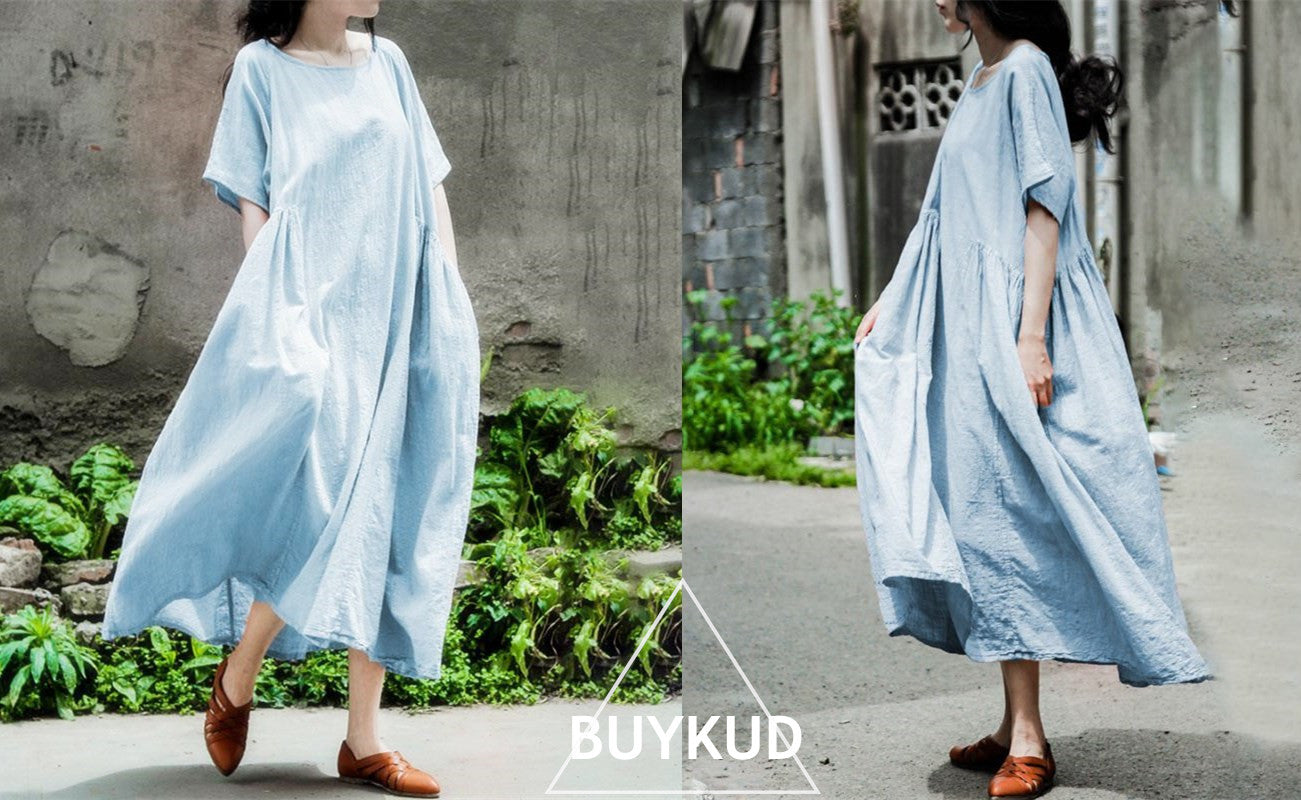 Summer Women Literature Loose Short Sleeve Light Blue Dress