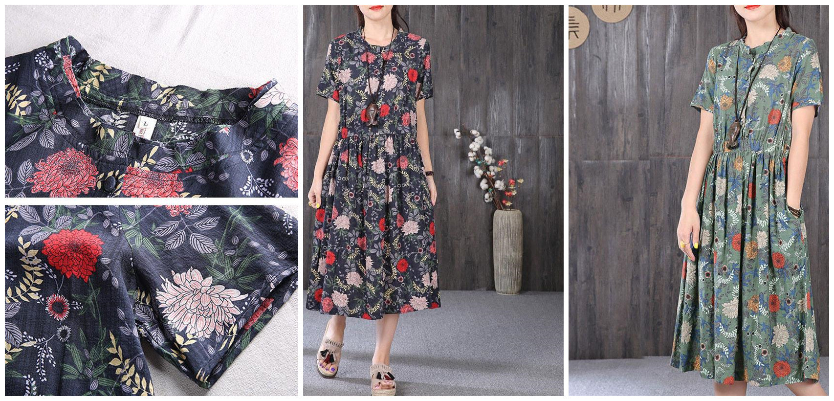 Summer Women Retro Printing Slim Short Sleeve Black Dress