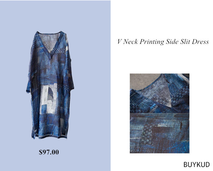 V Neck Printing Side Slit Dress-Detail