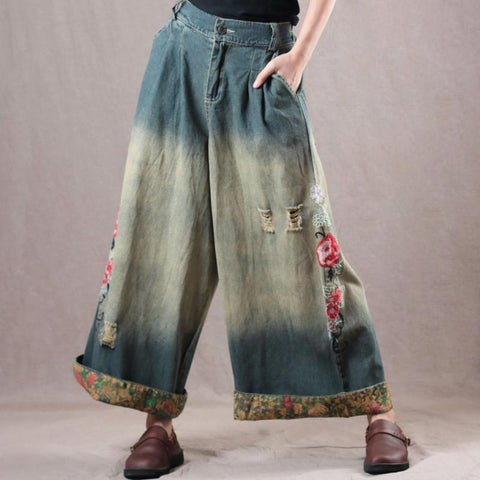 Pantalon large en denim brodé vintage