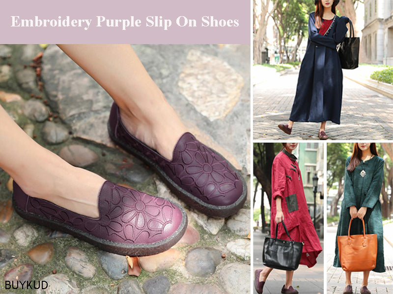 Vintage Women Embroidery Purple Slip On Single Shoes