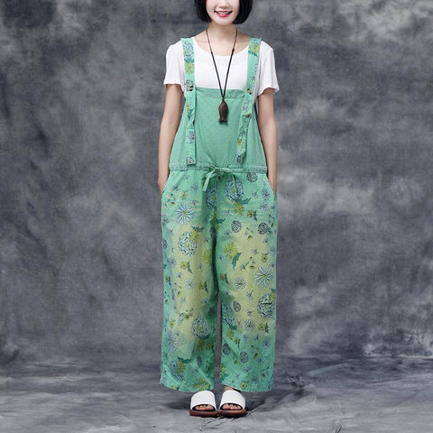 Women Green Summer Floral Pockets Long Leg Jumpsuits