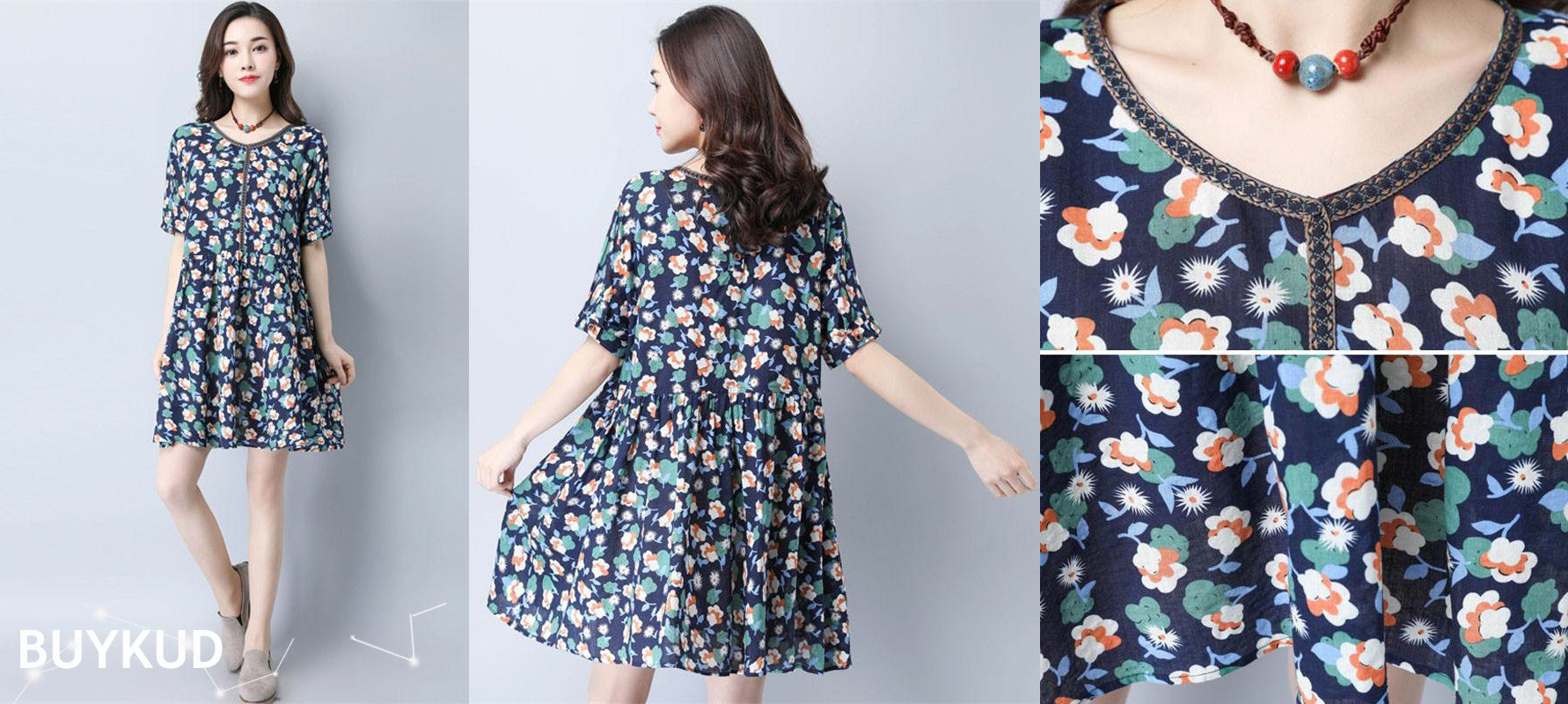 Women Summer Casual Floral Sweet Navy Blue Short Sleeve Dress