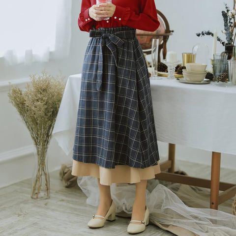 A-line Elastic Waist Elegant Plaid Midi Bow Skirt