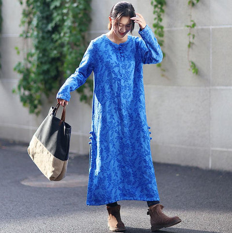 Autumn Round Neck Retro Jacquard Long Sleeve Blue Dress For Women