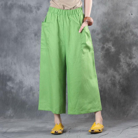 Casual Linen Loose Women Green Wide Leg Pants