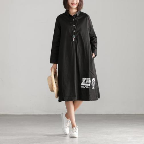 Casual Loose Black Long Sleeve Polo Collar Dress