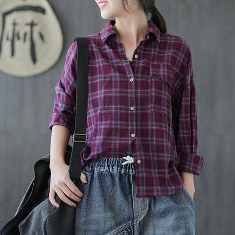 Cotton Plaid Autumn Casual Loose Female Shirt