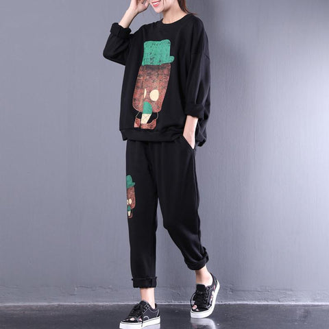 Cute Cartoon Print Loose Women Black Suit