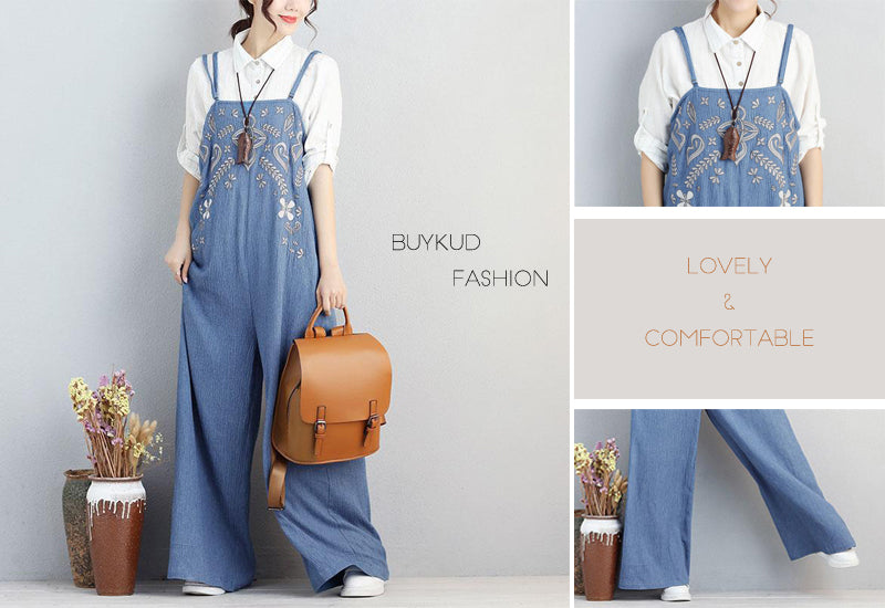 Embroidery Pockets Pleated Adjustable Spaghetti Strap Jumpsuits