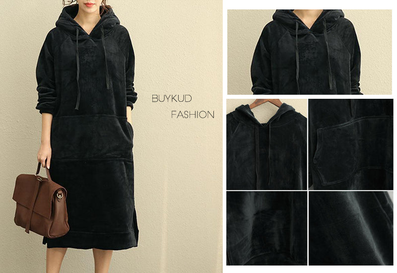 Gold Velvet Hoody Long Sleeves Black Thick Autumn Winter Women Dress