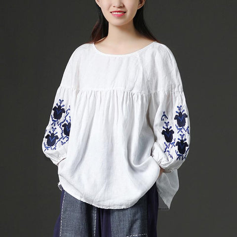 White Linen Women Loose Embroidered Floral Shirt