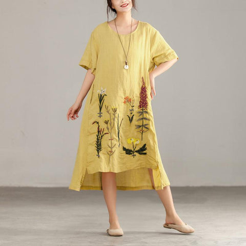 Embroidery Irregular Cotton Linen Short Sleeve Yellow Dress