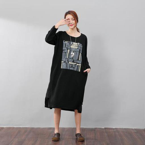 Schwarzes Kleid mit Rundhalsausschnitt und langen Ärmeln für Damen