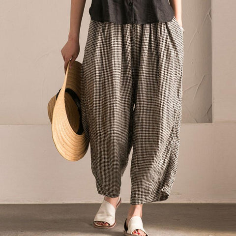 Irregular Women Lattice Loose Linen Cotton Long Pants