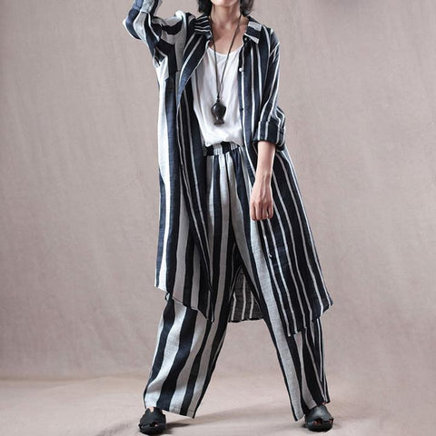 Linen Women Suit Stripes Shirt And Pants