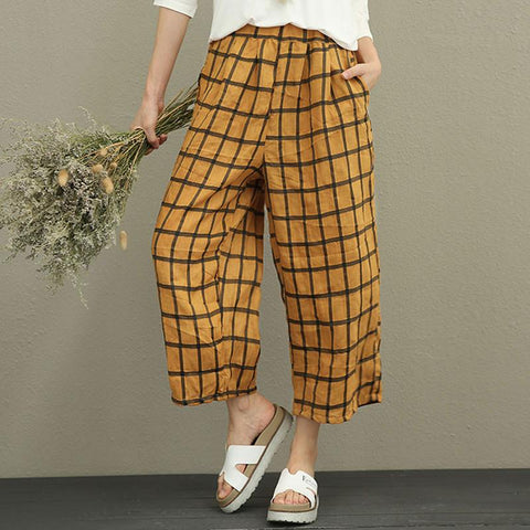 Literature Women Ramie Yellow Lattice Wide Leg Pants