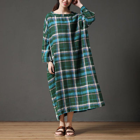 long-sleeve-green-loose-printing-plaid-autumn-dress