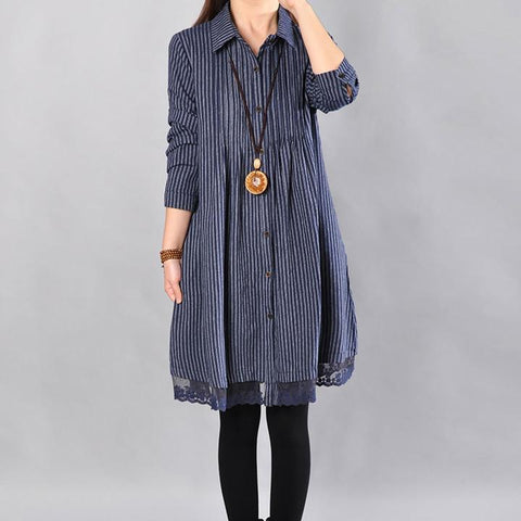 Loose Cotton Printing Lace Hem Blue Dress