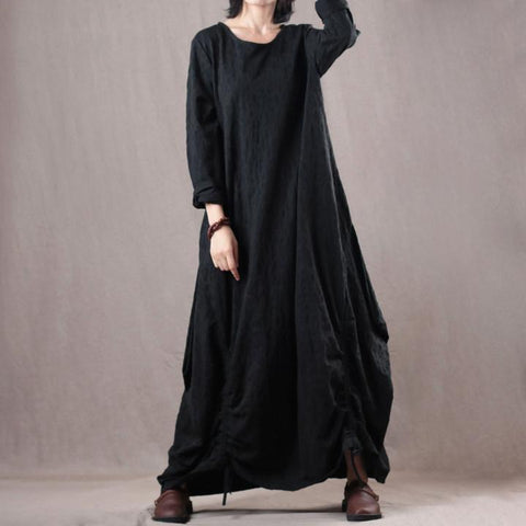 Loose Linen O-neck Long Sleeve Maxi Dress