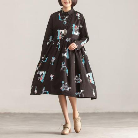 Polo Collar Long Sleeve Printed Black Pleated Dress