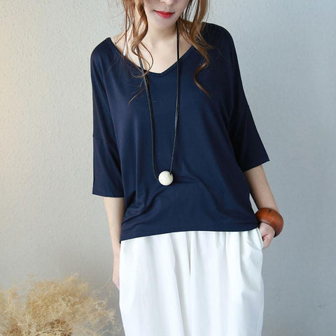 Summer Loose Casual Cotton Women Navy Blue Shirt