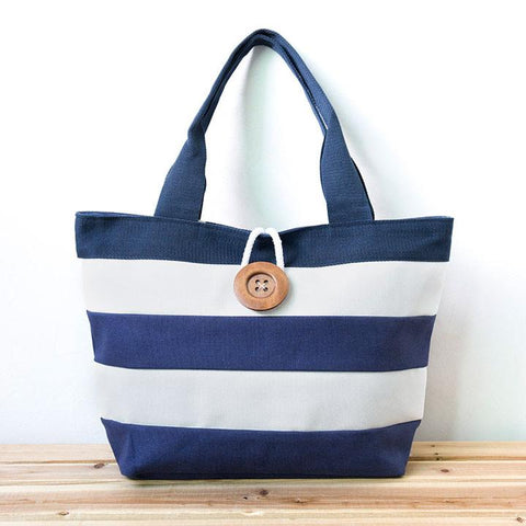 Women Canvas Zipper Stripe Button Shoulder Bag Handbag