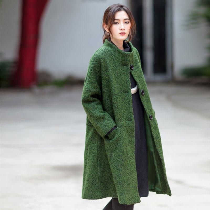 women casual loose woolen coat green