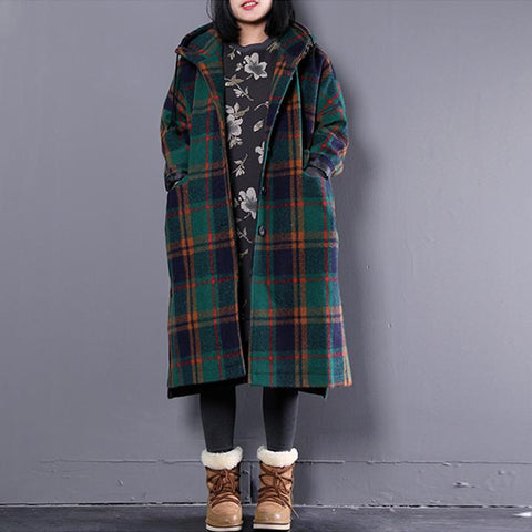 Woolen Blend Plaid Green Winter Overcoat