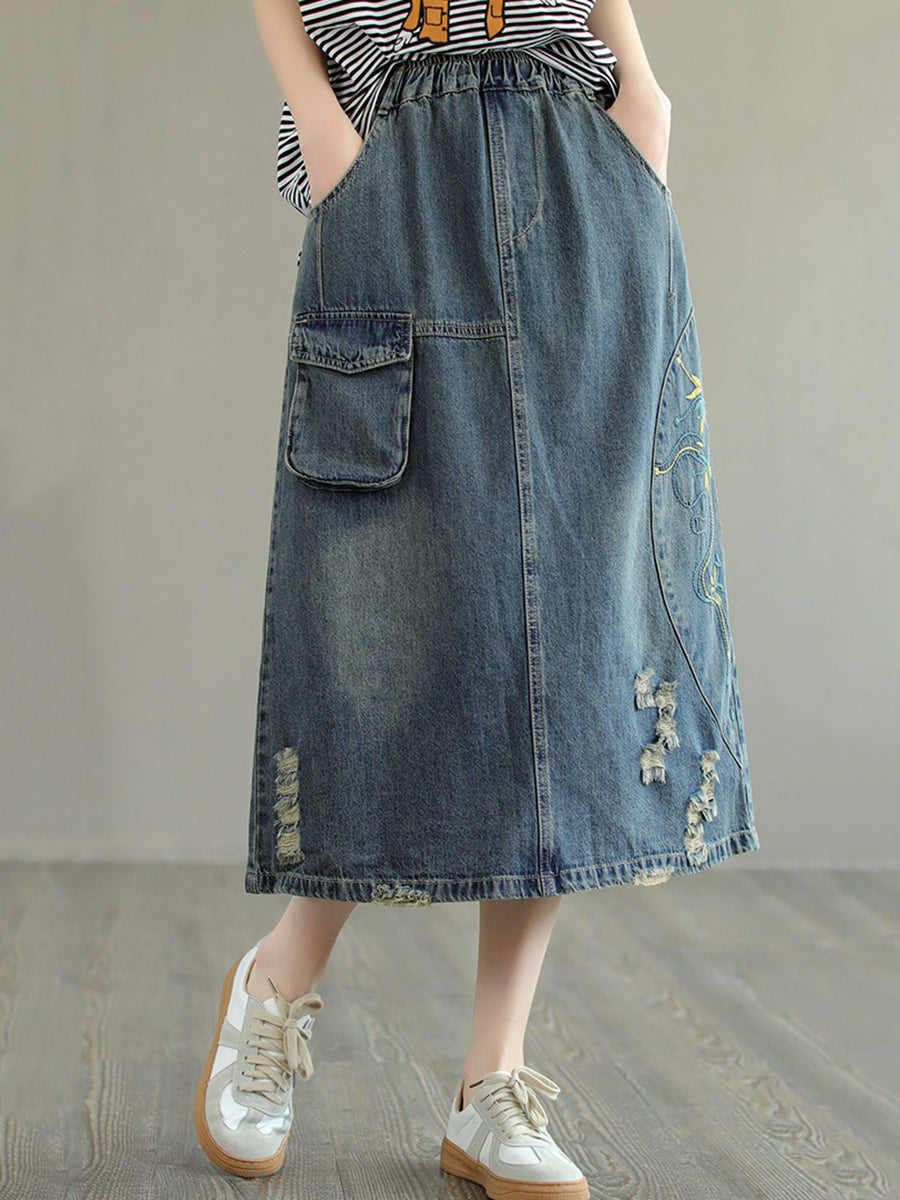 Women Summer Casual Distressed Pocket Embroidery Skirt – BUYKUD