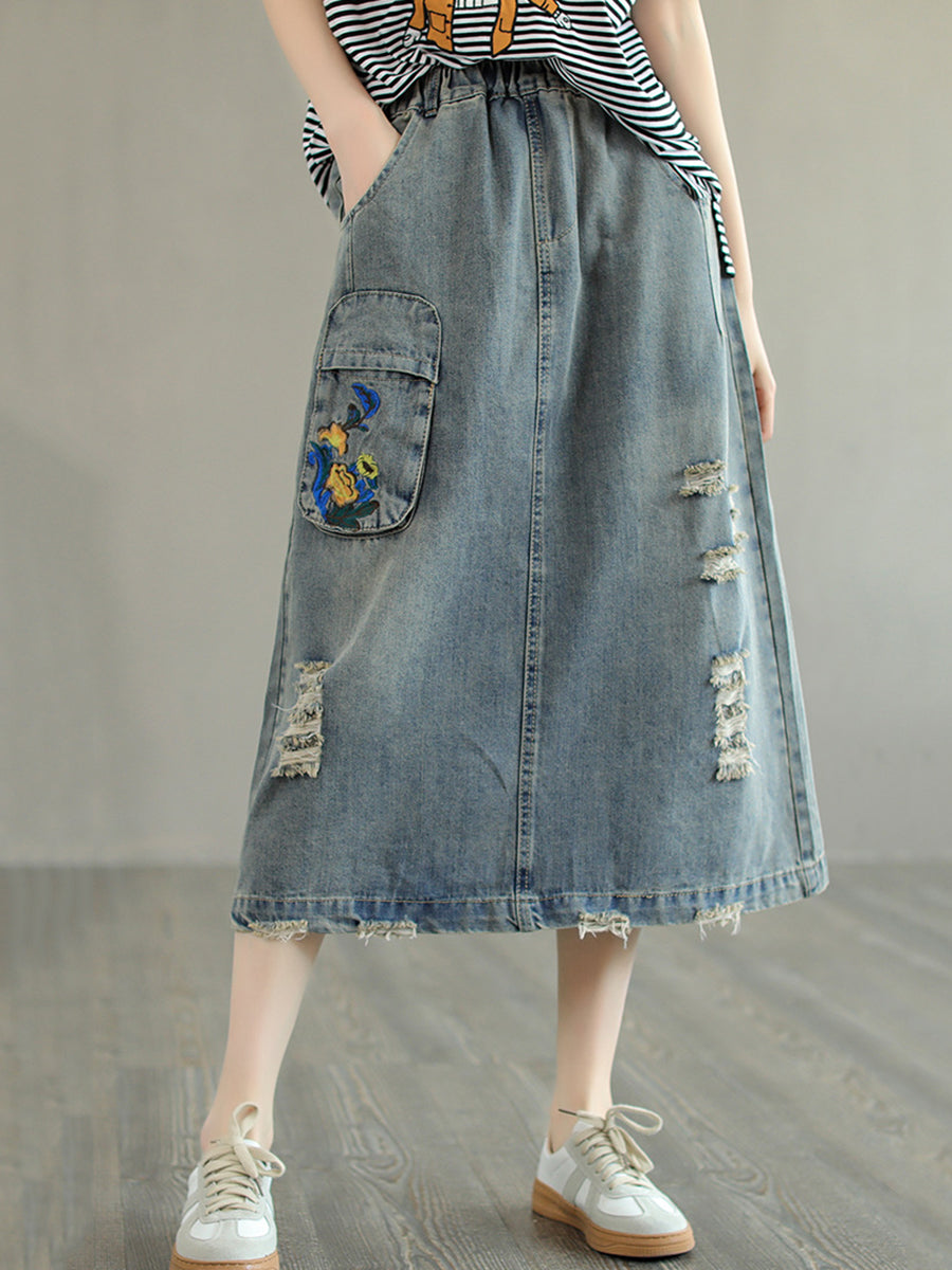 Women Summer Casual Distressed Pocket Embroidery Skirt – BUYKUD