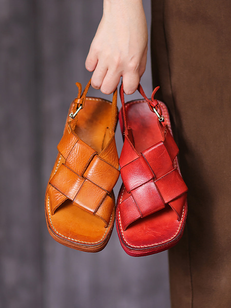 Women Vintage Genuine Leather Knitted Solid Sandals