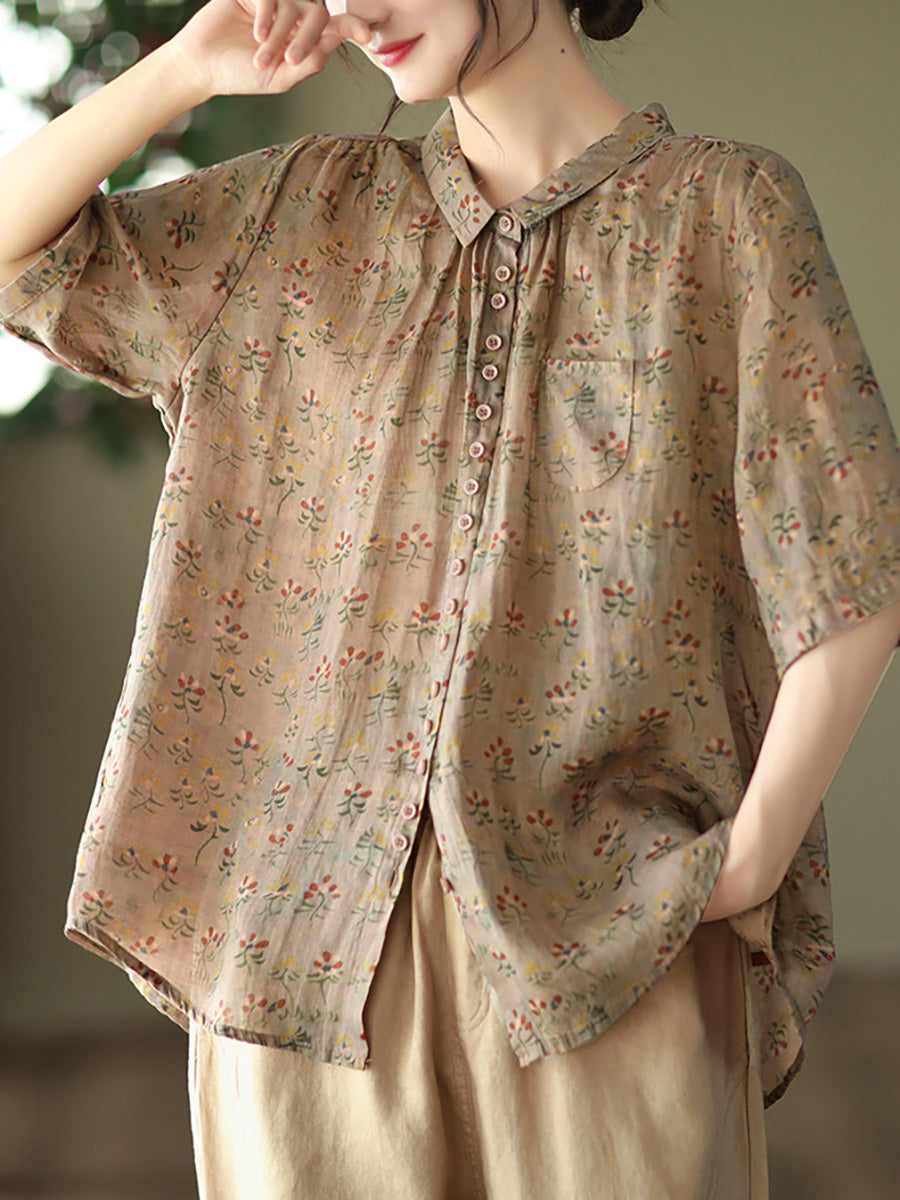 Vintage Floral Ramie Casual Women Shirt